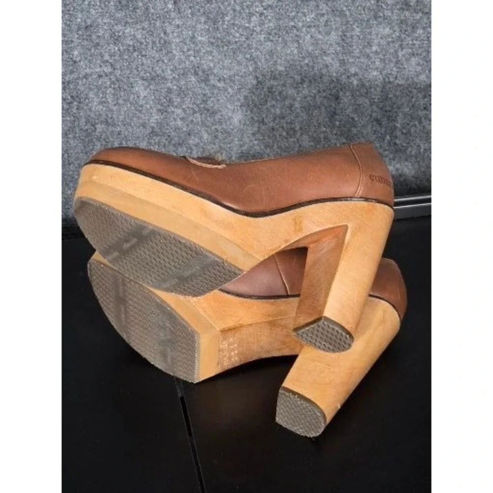 Anthropologie Cubanas Womens Leather Herringbone‎ Platform Wood Block Heel Sz 7
